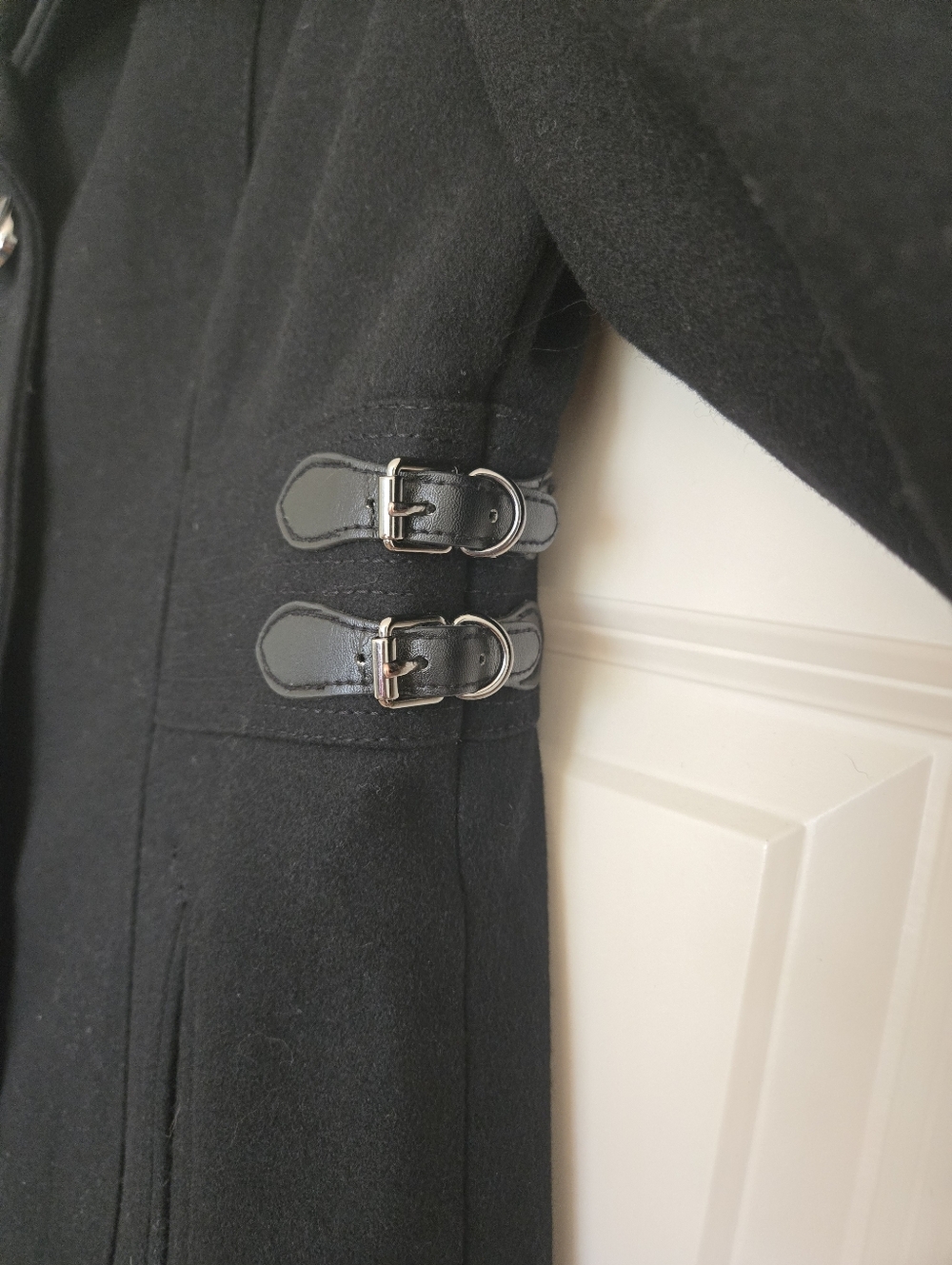 Kenneth Cole Black Wool Blend Peacoat Midi Coat Buckle Detail - Picture 4 of 8